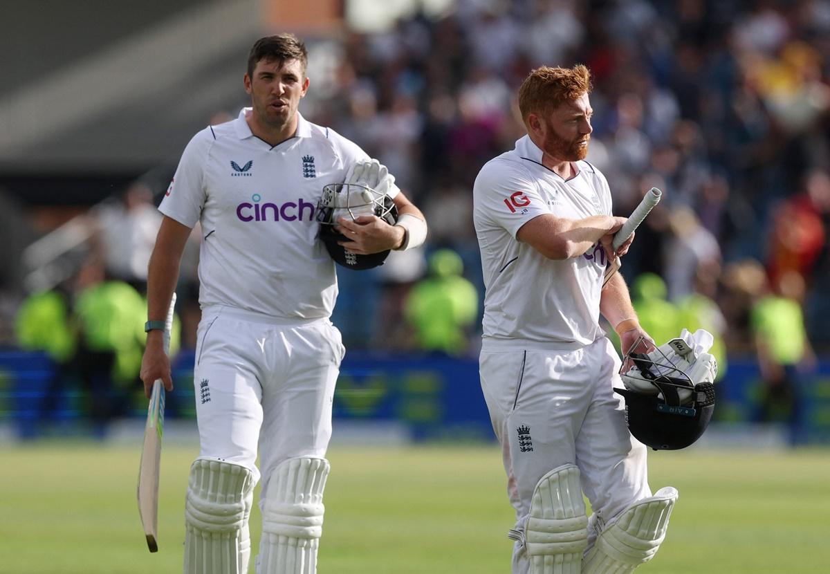 Johnny Bairstow and debutant Jamie Overton walk back at the end of Day 2 after an unbeaten seventh wicket stand of 209 off 223 balls.