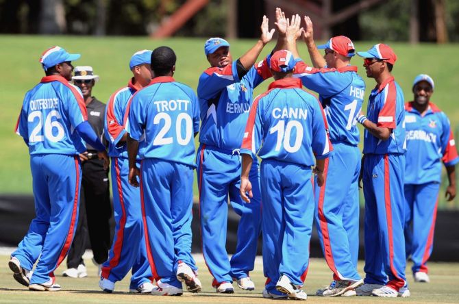 Bermuda's players celebrate a wicket against Afganistan during the ICC men's World Cup qualifier in Potchefstroom, South Africa, on April 2, 2009. 