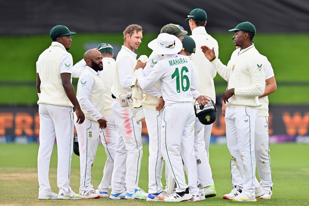 South Africa's players celebrate victory over New Zealand in the second Test on Day 5, at Hagley Oval in Christchurch, on Tuesday.