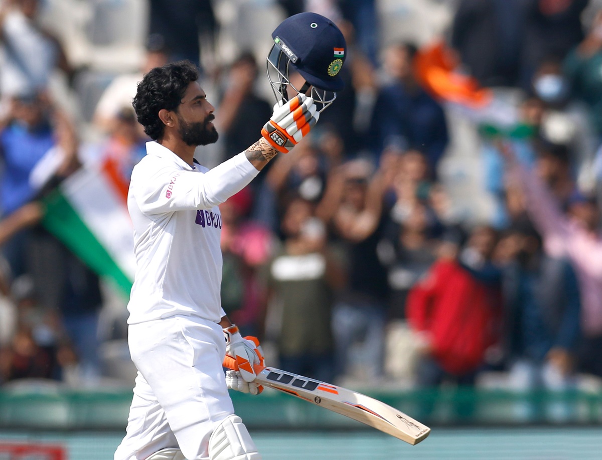 India's Ravindra Jadeja celebrates scoring a hundred during Day 2 of the first Test against Sri Lanka, at the I S Bindra stadium in Mohali, on Saturday.