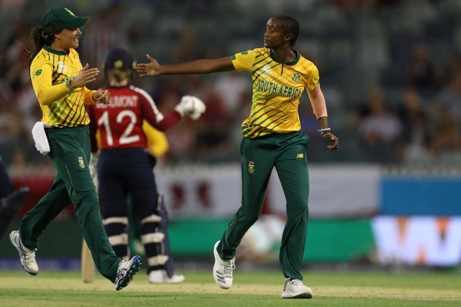 South Africa's Ayabonga Khaka celebrates the wicket of England's Natalie Sciver during their World Cup match at the WACA on February 23, 2020 in Perth, Australia.
