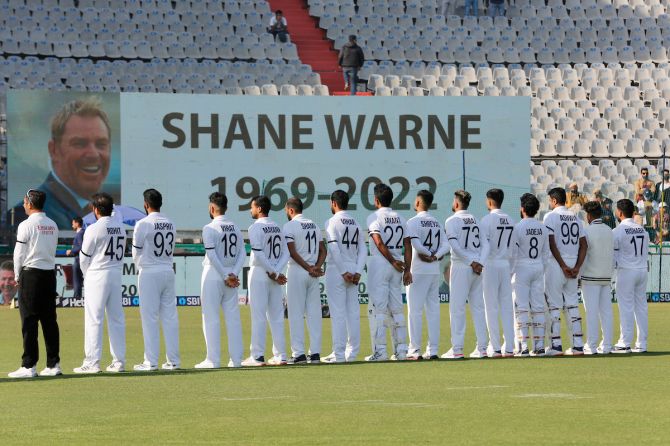 India's players line-up alongside Sri Lanka’s team to mourn the death of Australia greats Shane Warne and Rodney Marsh