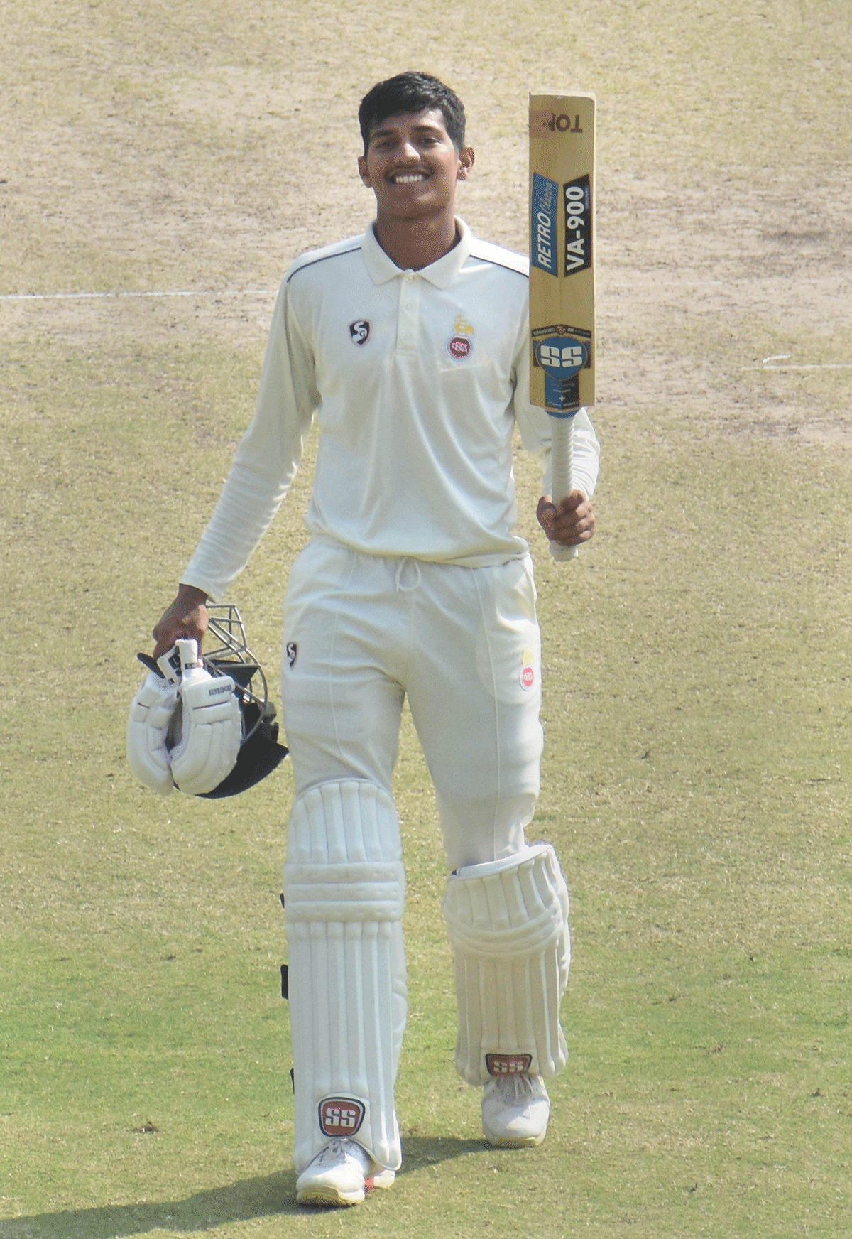 Delhi's Yash Dhull celebrates on completing a double the 4th & final day of Ranji Trophy cricket match between Delhi and Chhattisgarh, at ACA cricket Stadium, in Guwahati, Sunday