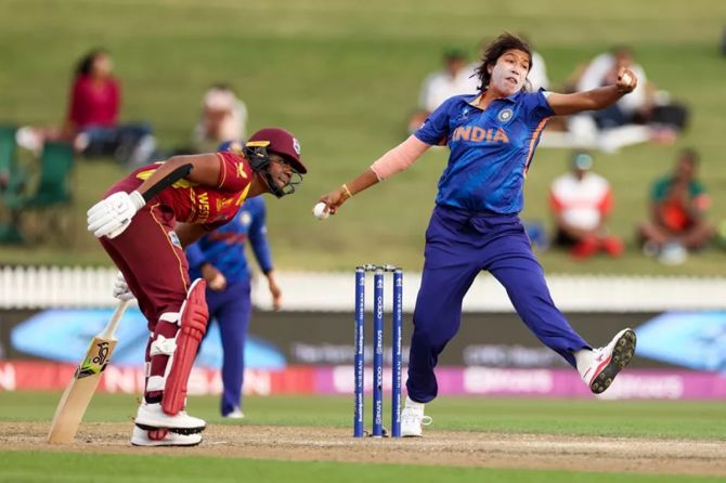 India's Jhulan Goswami bowls during the 2022 ICC Women's World Cup match against the West Indies, at Seddon Park in Hamilton, New Zealand, on Saturday.