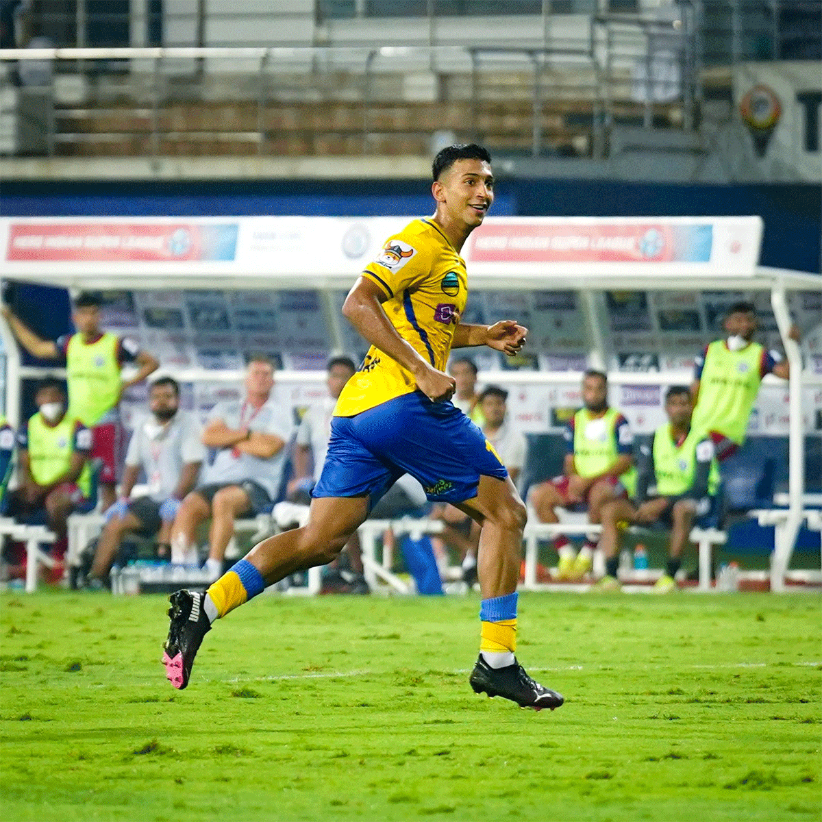 Kerala Blasters' Sahal Abdul Samad celebrates on scoring against Jamshedpur in the first leg of the ISL semi-final in Margao on Friday