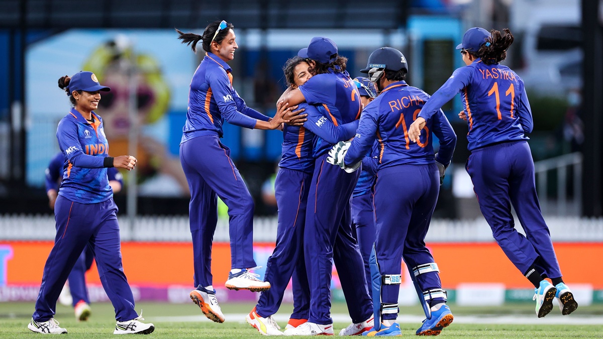 Sneh Rana celebrates with her India teammates after dismissing Hayley Matthews during the World Cup match against the West Indies in  Hamilton.