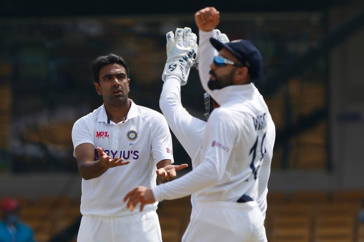 Ravichandran Ashwin reacts after dismissing Suranga Lakmal.