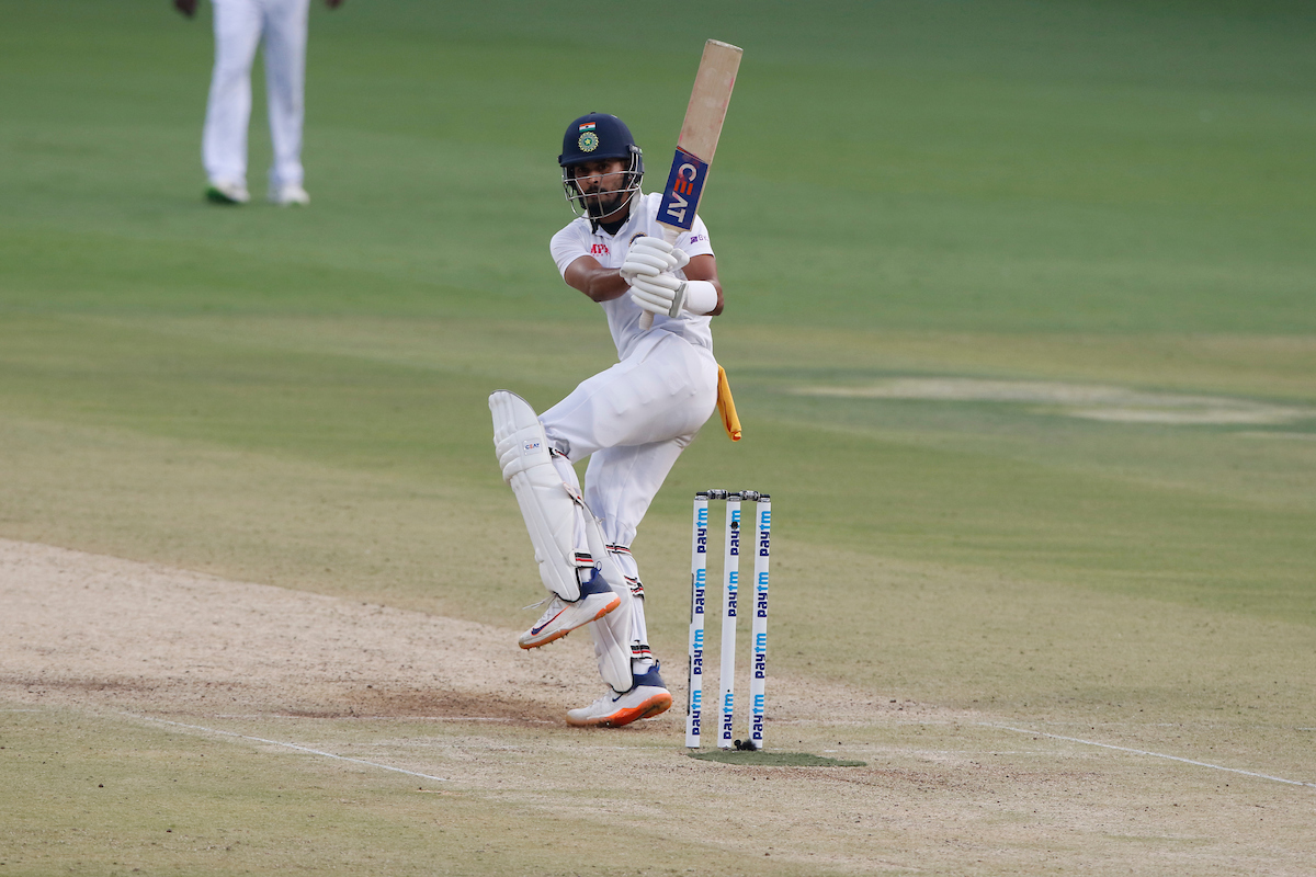 Shreyas Iyer hits a boundary during his 67 off 87 balls.