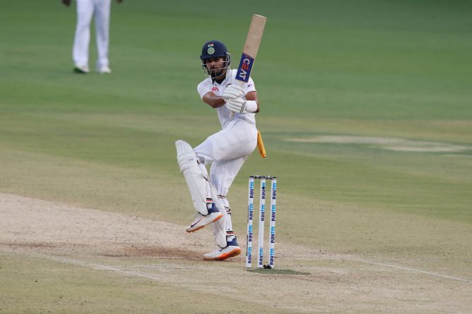 Shreyas Iyer hits a boundary during his 67 off 87 balls.