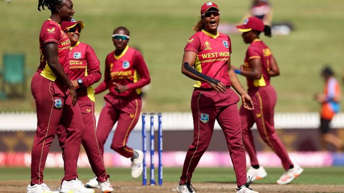 Hayley Matthews celebrates with her West Indies teammates after taking the wicket of India's Deepti Sharma during the ICC Women's World Cup match, at Seddon Park in Hamilton, New Zealand, on Saturday.