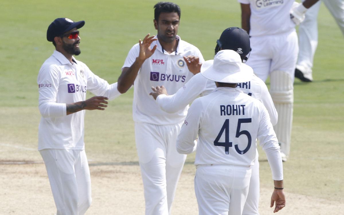 Ravichandran Ashwin celebrates the wicket of Dhananjaya de Silva. 