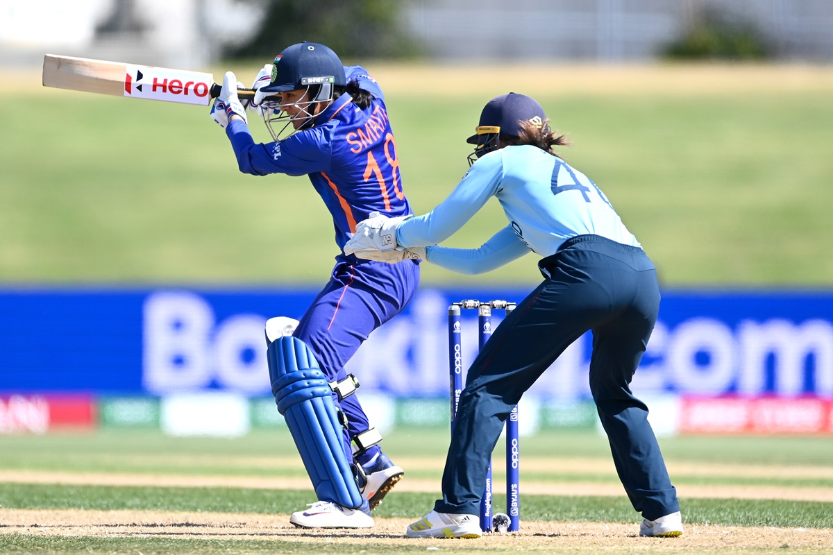 Smriti Mandhana bats during the World Cup match against England in Mount Maunganui.
