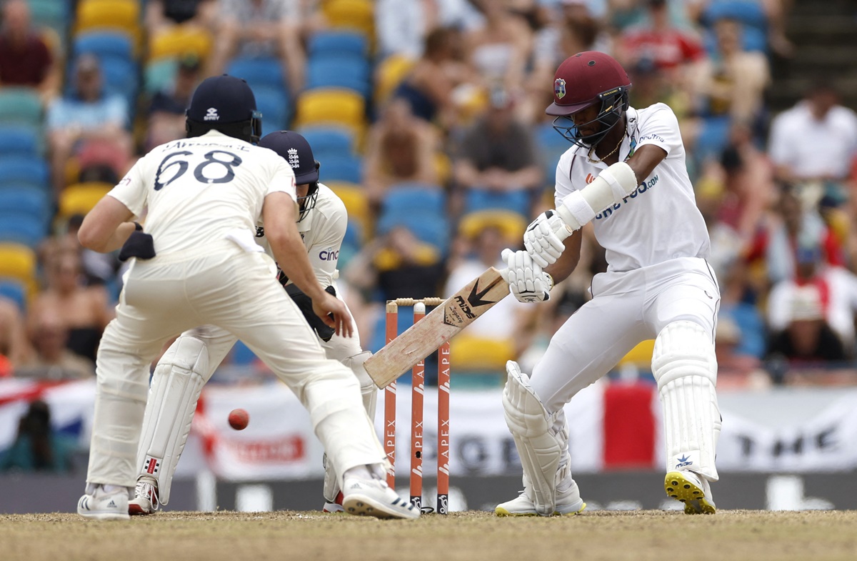 The West Indies' Kraigg Brathwaite batted for nearly 12 hours before being bowled for 160 on Day 4 of the second Test against England, at Kensington Oval, Bridgetown, Barbados, on Saturday.