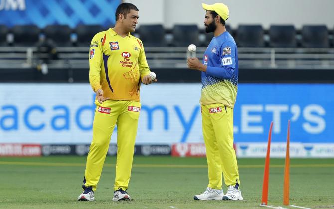 Mahendra Singh Dhoni and Ravindra Jadeja chat during a Chennai Super Kings nets session for IPL 2022