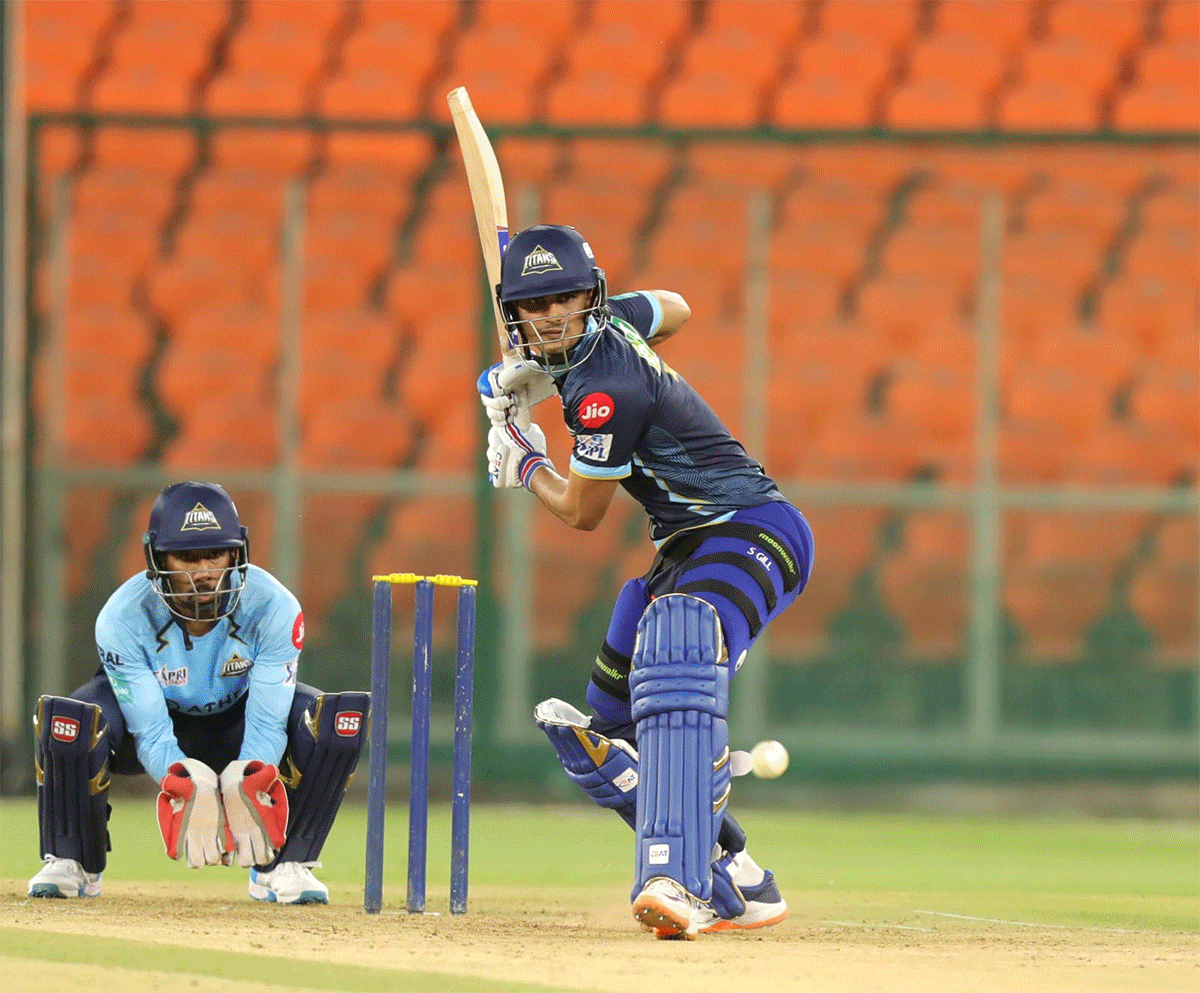 Gujarat Titans' Shubman Gill bats during a practice session 