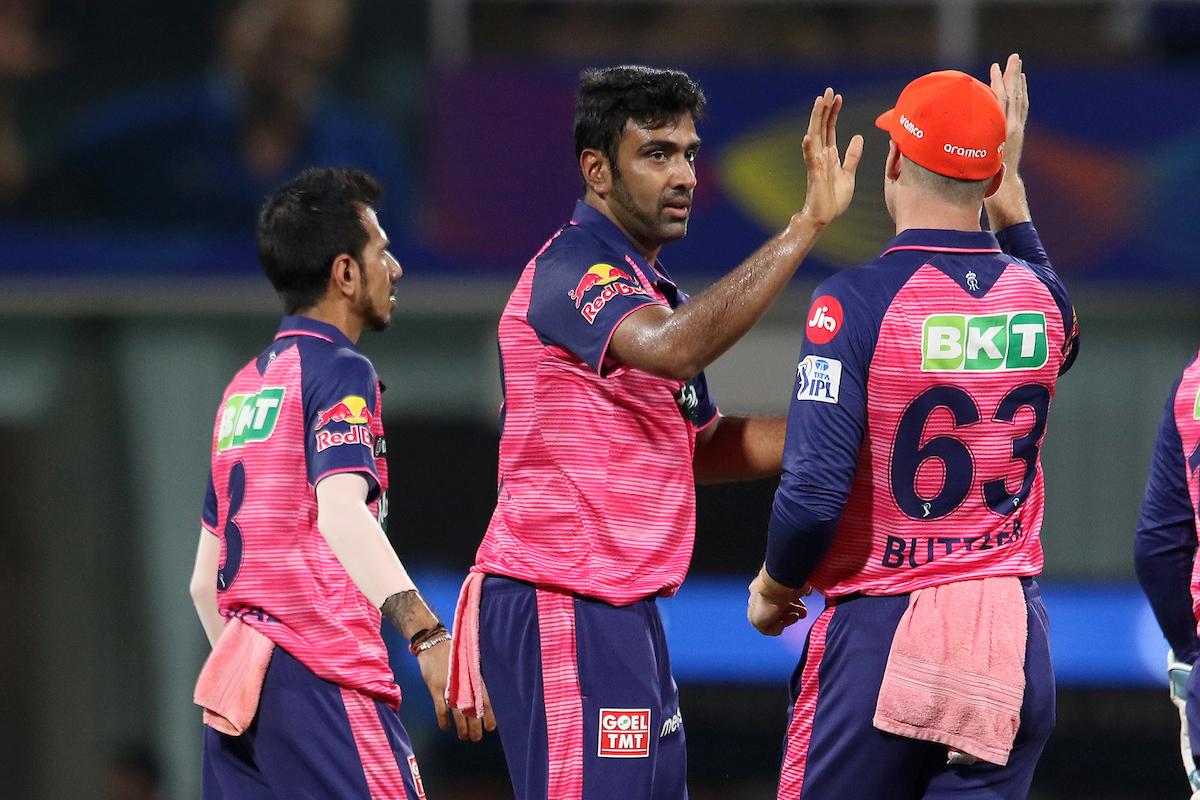 Rajasthan Royals spinner Ravichandran Ashwin celebrates with Jos Buttler after dismissing Mumbai Indians captain Rohit Sharma during the IPL match at D Y Patil Stadium in Navi Mumbai on Saturday.