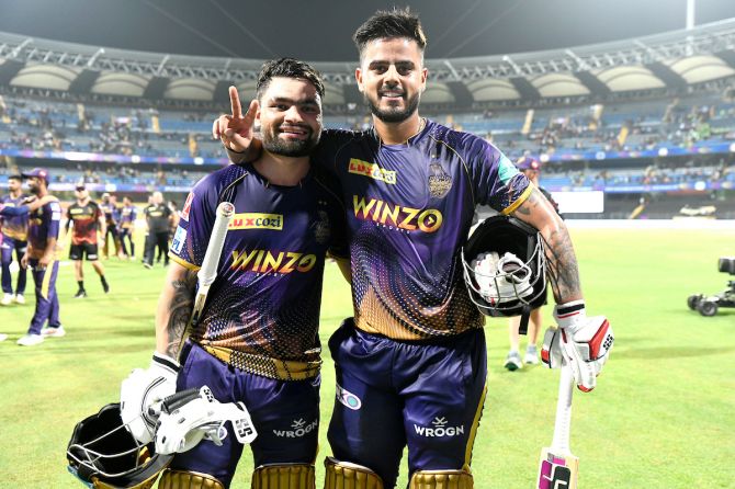 Nitish Rana, right, and Rinku Singh are all smiles after guiding Kolkata Knight Riders to victory over Rajasthan Royals in the IPL match at the Wankhede Stadium in Mumbai on Monday.