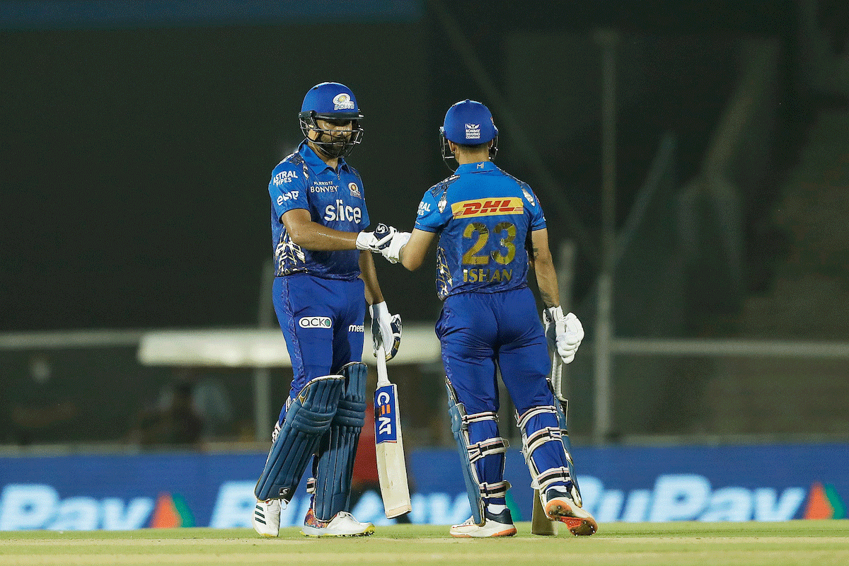 Mumbai Indians' Rohit Sharma and Ishan Kishan put on a 50-run stand for the first wicket