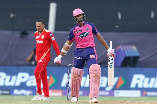 Rajasthan Royals opener Yashasvi Jaiswal celebrates completing a half-century during the IPL match against Punjab Kings in the IPL match at the Wankhede Stadium, in Mumbai, on Saturday.