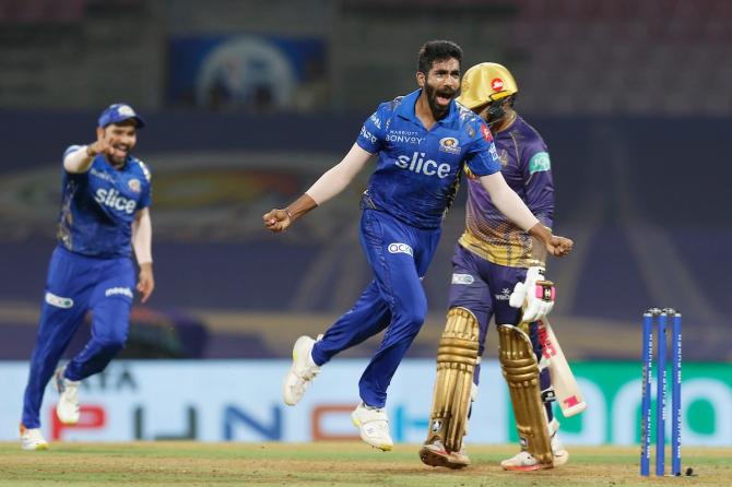 Mumbai Indians' Jasprit Bumrah celebrates on dismissing Kolkata Knight Riders' Sunil Narine