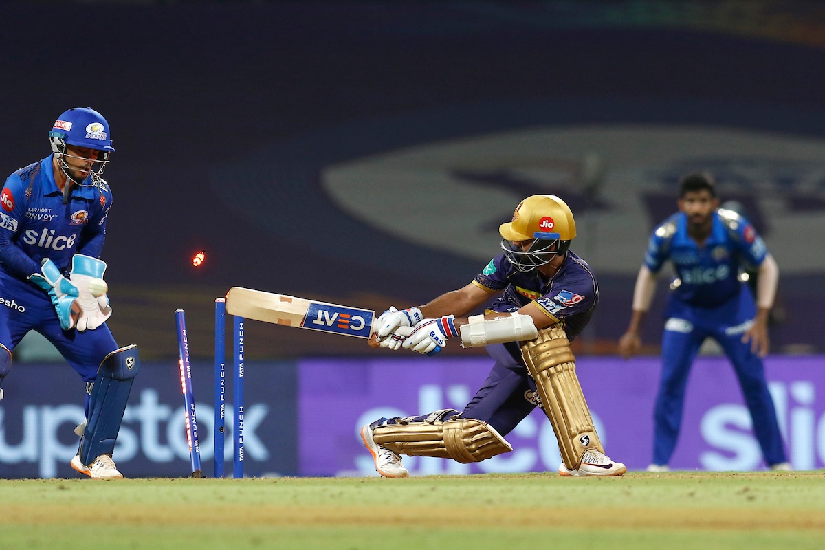 KKR's Ajinkya Rahane is bowled by MI's Kumar Kartikeya 