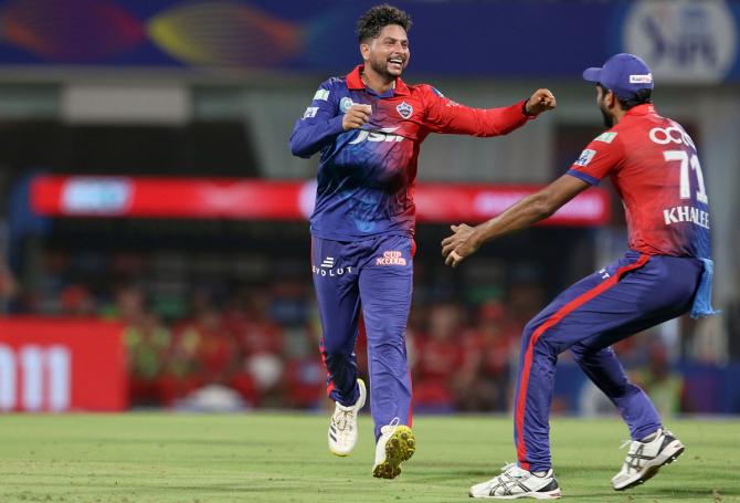 Kuldeep Yadav celebrates on dismissing Liam Livingstone