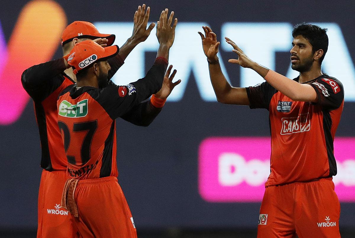  Washington Sundar celebrates the wicket of Mumbai Indians captain Rohit Sharma. 