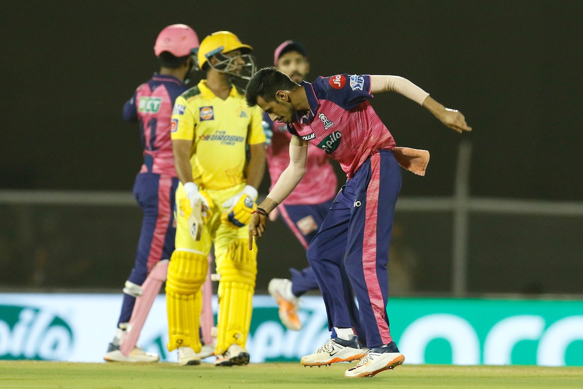 Yuzvendra Chahal celebrates the wicket of Ambati Rayudu. 