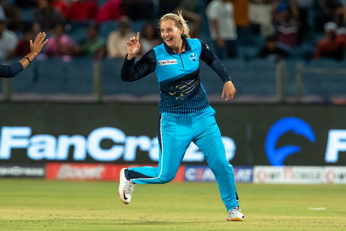 Sophie Ecclestone celebrates taking the wicket of Velocity's K P Navgire.