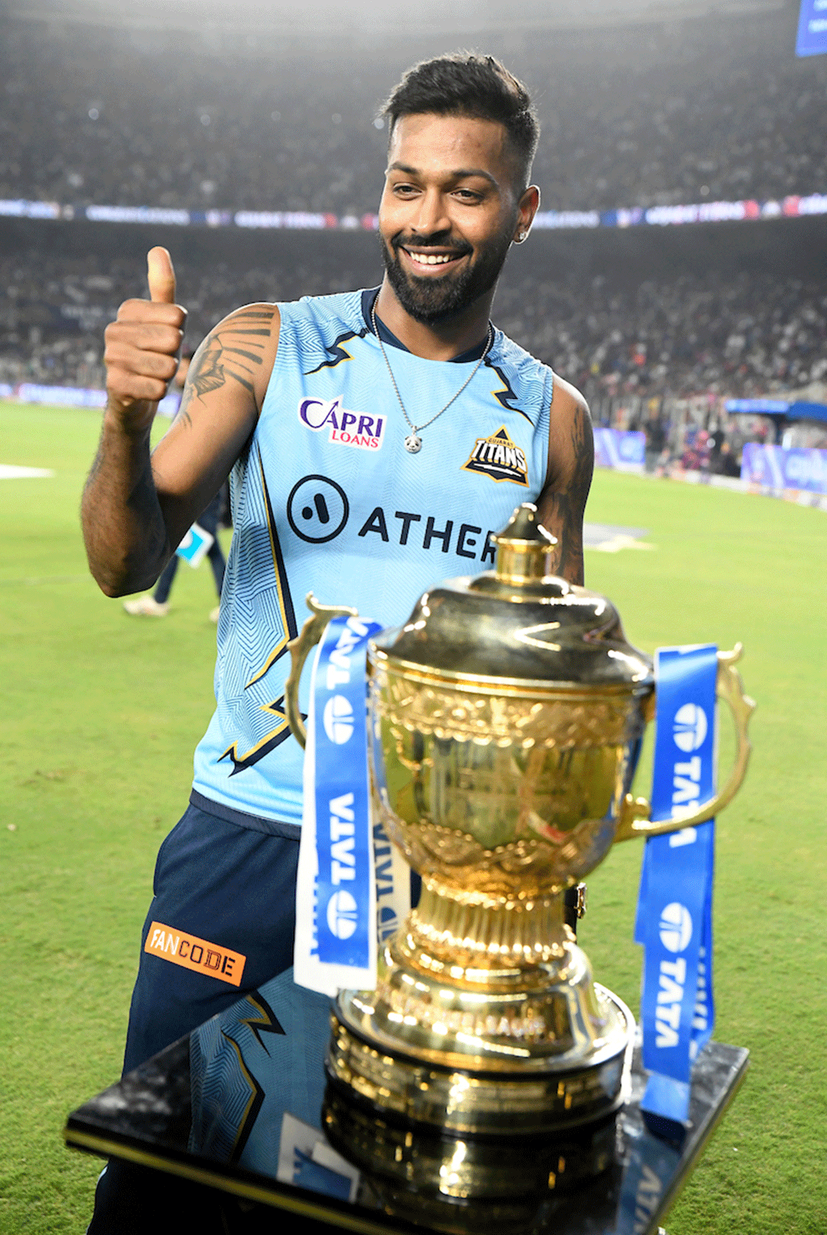 Gujarat Titans captain Hardik Pandya with the IPL trophy