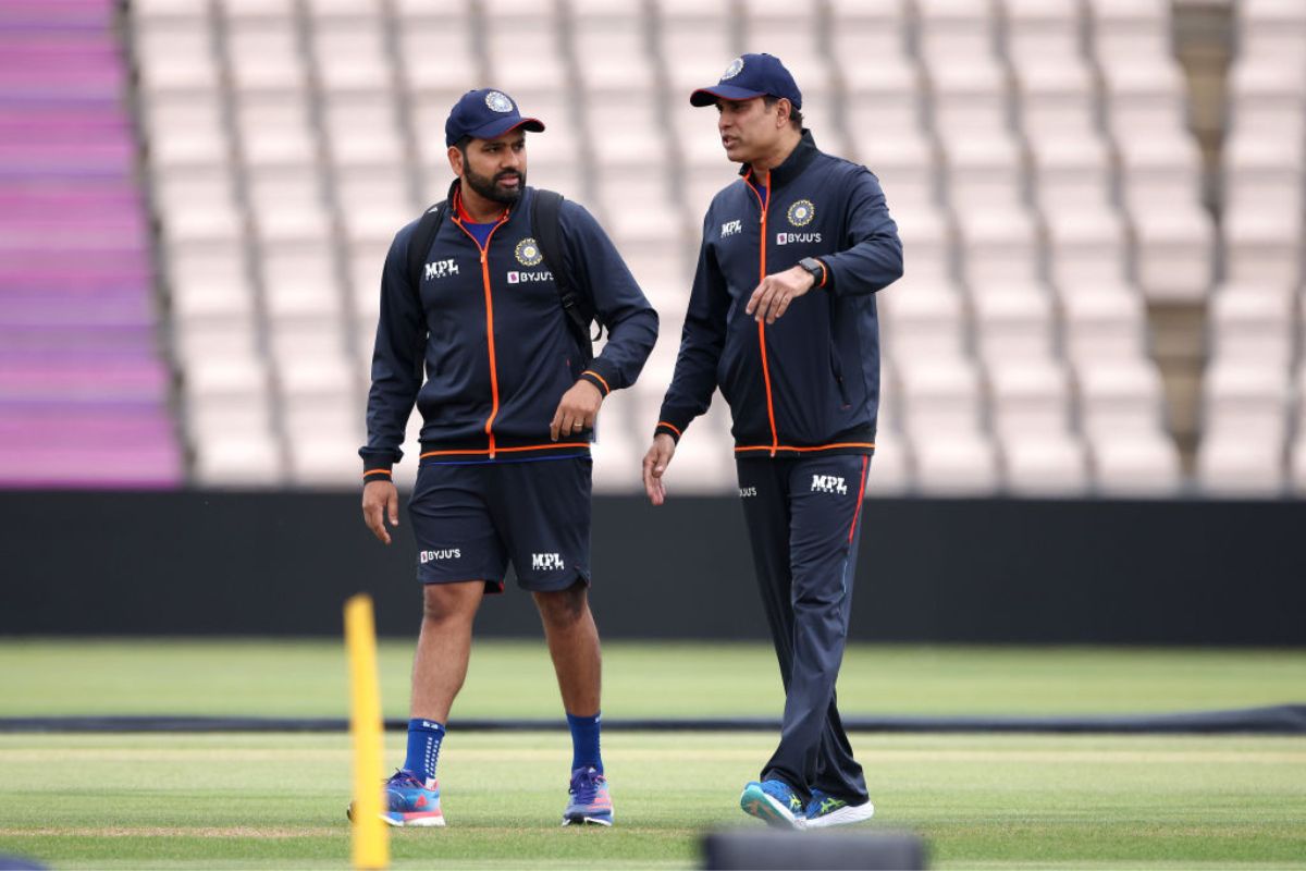  India Captain Rohit Sharma (L) chats with VVS Laxman (R) during an Indian net session