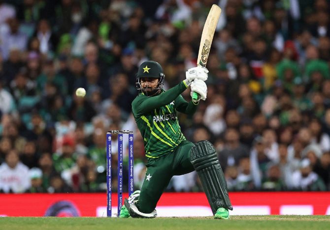Shadab Khan hits out during the match against South Africa on Thursday