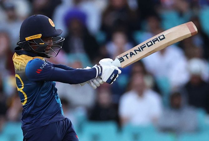 Sri Lanka opener Pathum Nissanka dispatches the ball for a four during the T20 World Cup match against England, at Sydney Cricket Ground, on Saturday.