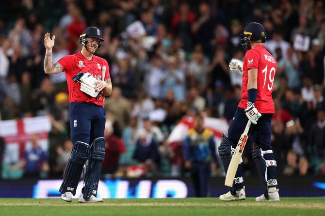 Ben Stokes and Chris Woakes celebrate victory over Sri Lanka in the T20 World Cup at Sydney Cricket Ground on Saturday.