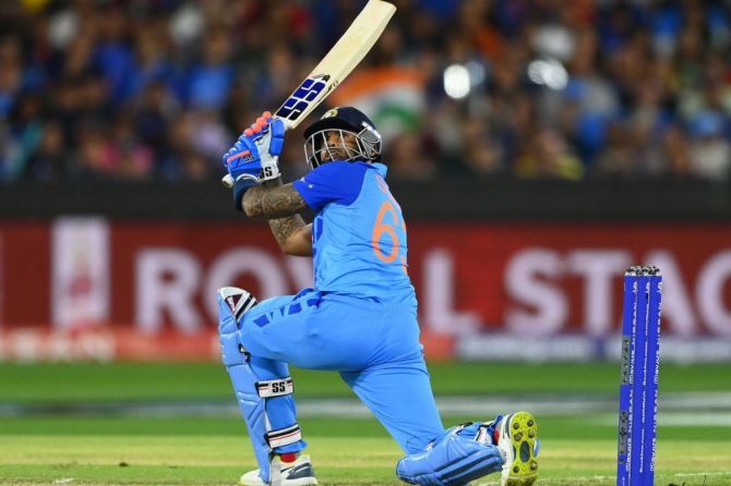 uryakumar Yadav of India bats during the ICC Men's T20 World Cup match between India and Zimbabwe