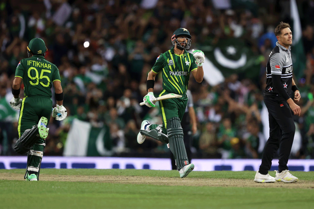 Pakistan's Shan Masood celebrates hitting the winning runs against New Zealand during the ICC Men's T20 World Cup semi-final at Sydney Cricket Ground in Sydney on Wednesday