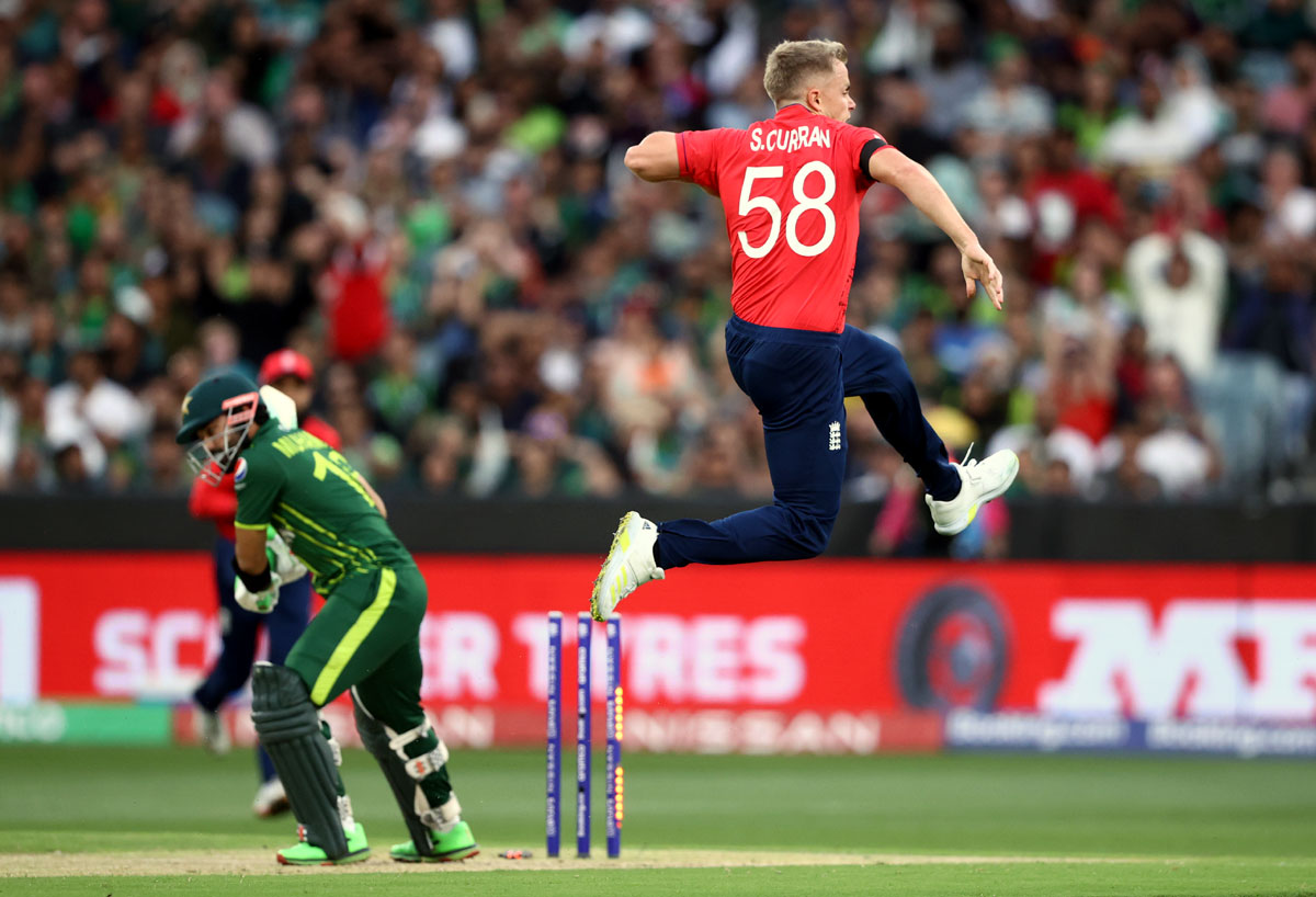 England’s Sam Curran celebrates the wicket of Mohammad Rizwan