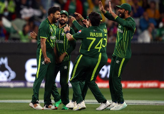 Haris Rauf celebrates after taking the wicket of Jos Buttler