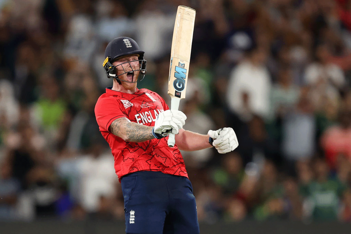 Ben Stokes celebrates after England scored the winning runs in the final of the T20 World Cup at the Mellbourne Cricket Ground on Sunday