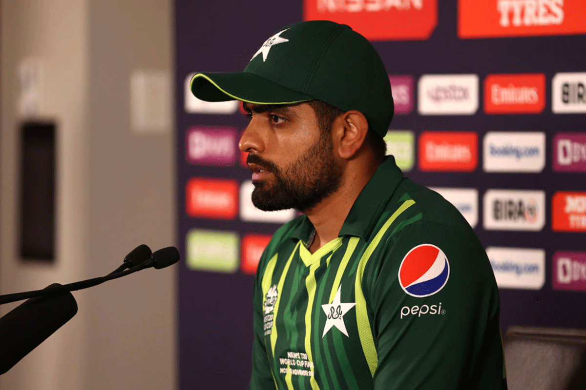 Pakistan's Babar Azam speaks to the media following the T20 World Cup final on Sunday