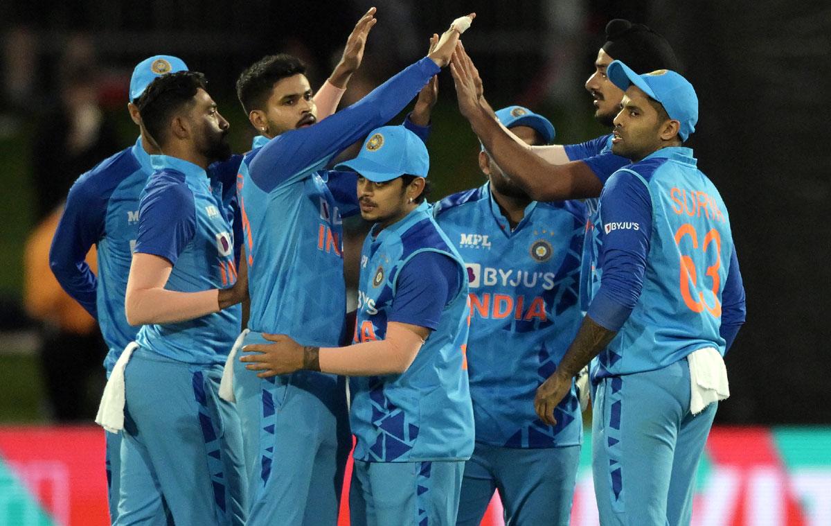 India's players celebrate the wicket of Finn Allen