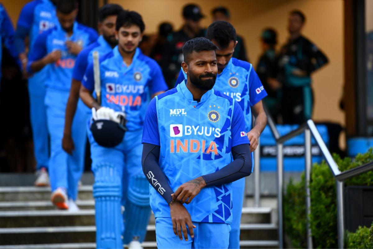 Hardik Pandya India leads his team out ahead of game two of the T20 International series between New Zealand and India.