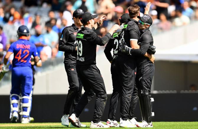 Tim Southee celebrates the wicket of Shikhar Dhawan.