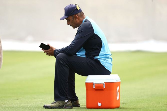 India's Head Coach Ravi Shastri, looks on during the India nets session.