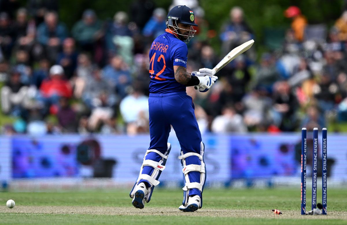 India opener Shikhar Dhawan is bowled by Adam Milne.