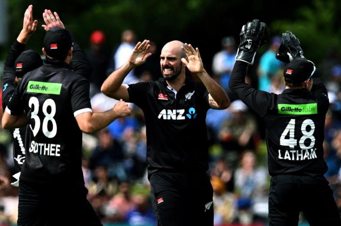 Daryl Mitchell celebrates the wicket of Rishabh Pant.