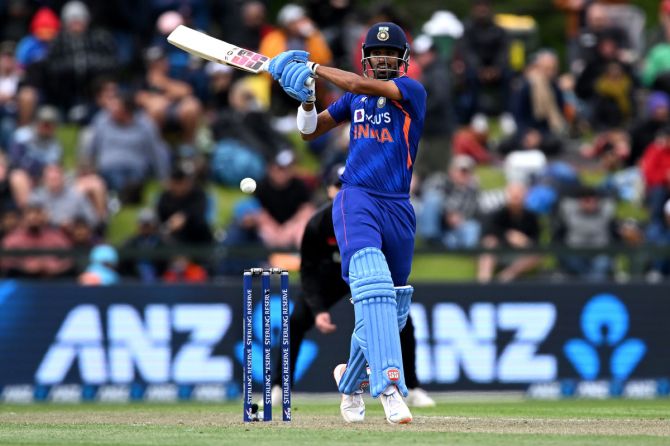 Washington Sundar bats during his 64-ball 51 runs knock in the One-Day International against New Zealand, at Hagley Oval in Christchurch, on Wednesday.