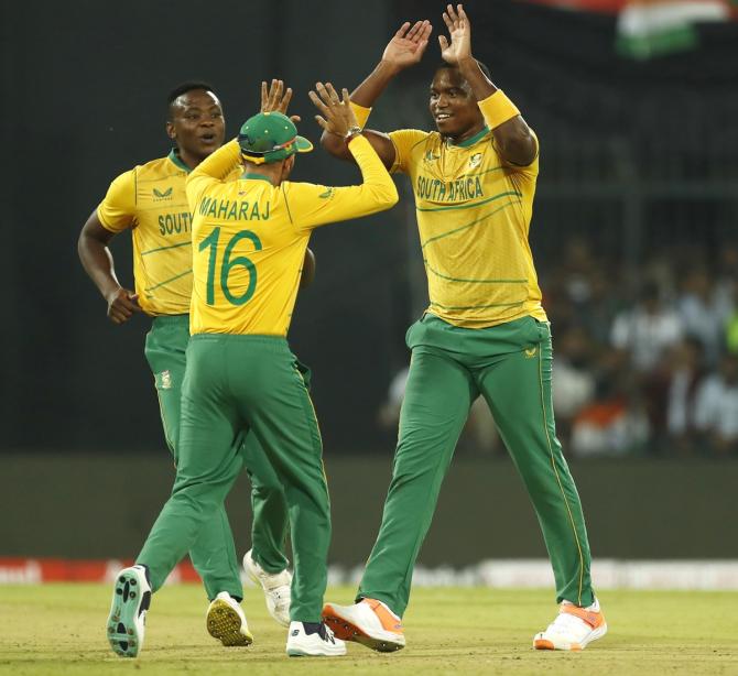  Lungi Ngidi celebrates the wicket of Rishabh Pant. 