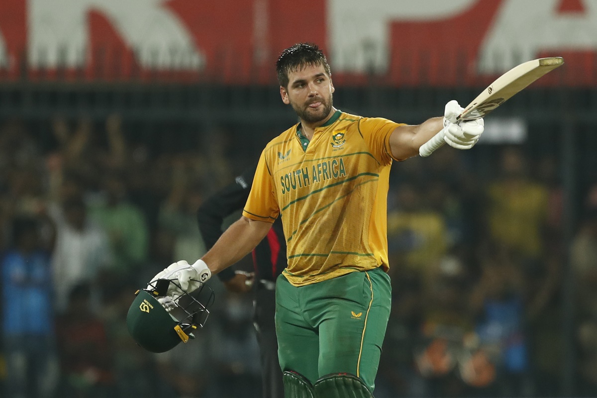 South Africa's Rilee Rossouw celebrates after scoring a hundred during the third T20 International against India, at Holkar Stadium in Indore, on Tuesday.