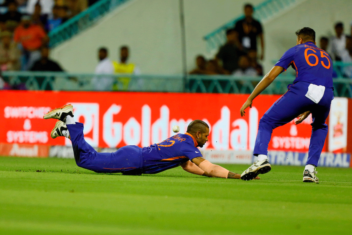 India captain Shikhar Dhawan grasses a catch during the 1st ODI in Lucknow on Thursday.
